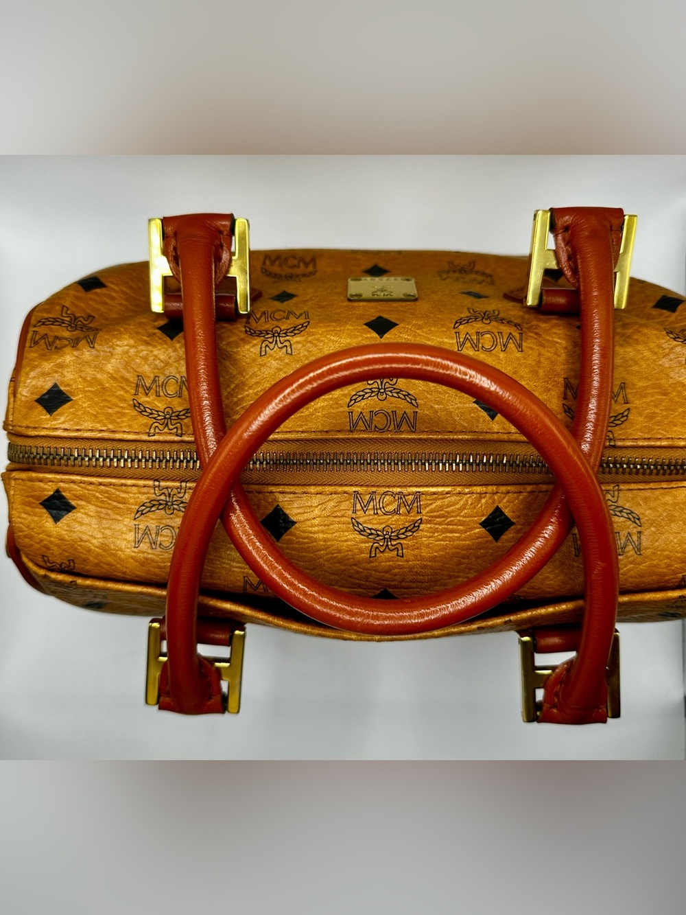 MCM Visetos Cognac Monogram Satchel with Red-Brown Handles - Picture 5 of 16